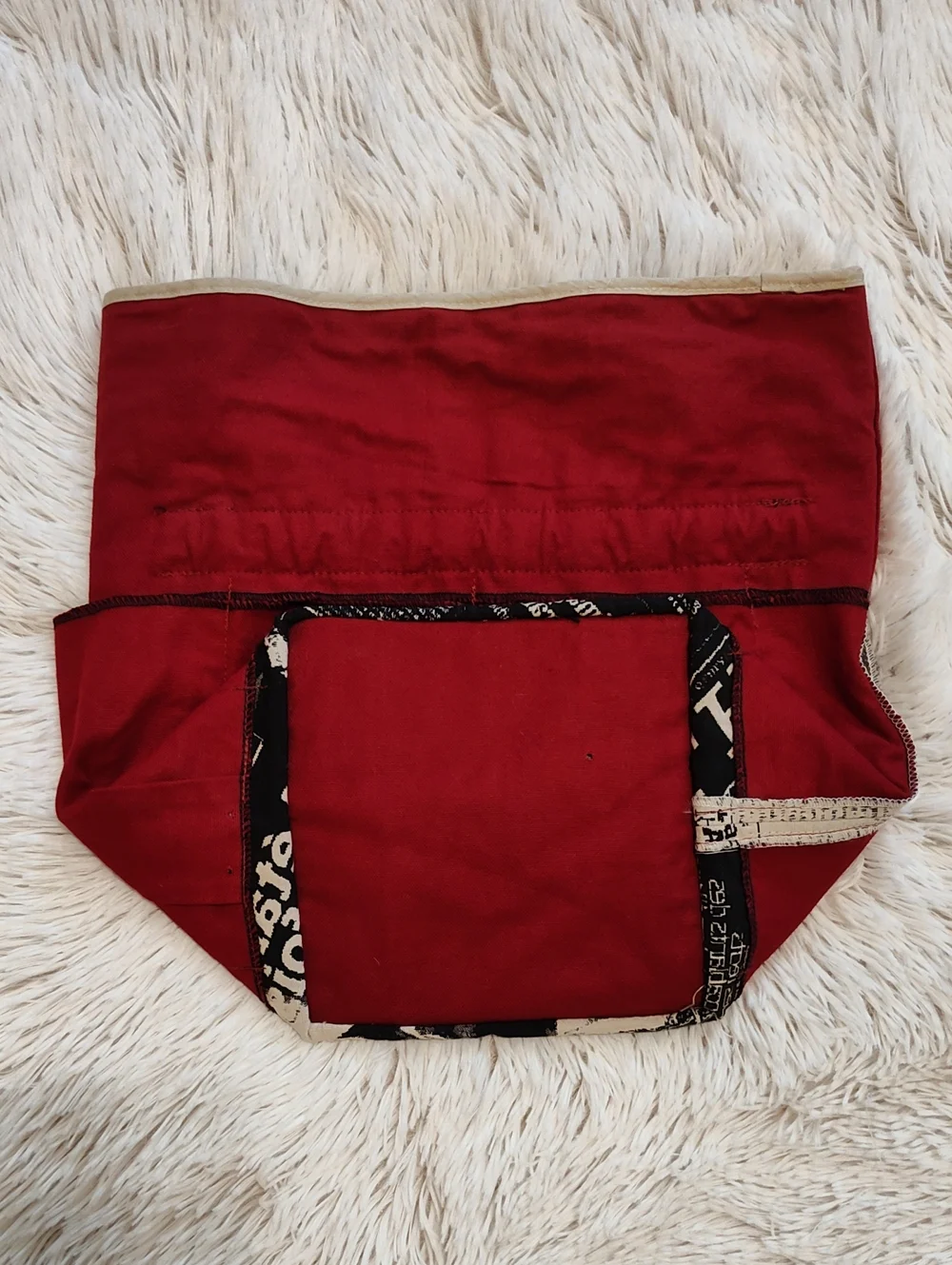 Vintage Style Drawstring Pouch Black Cream Newsprint Red Lining Travel Organizer